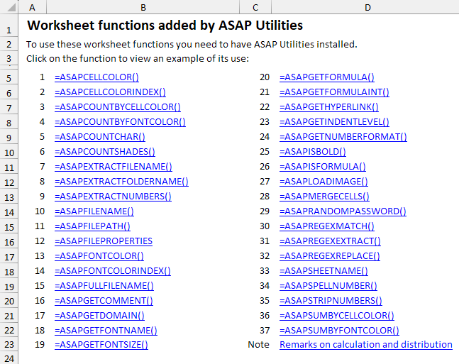 Worksheet functions added by ASAP Utilities