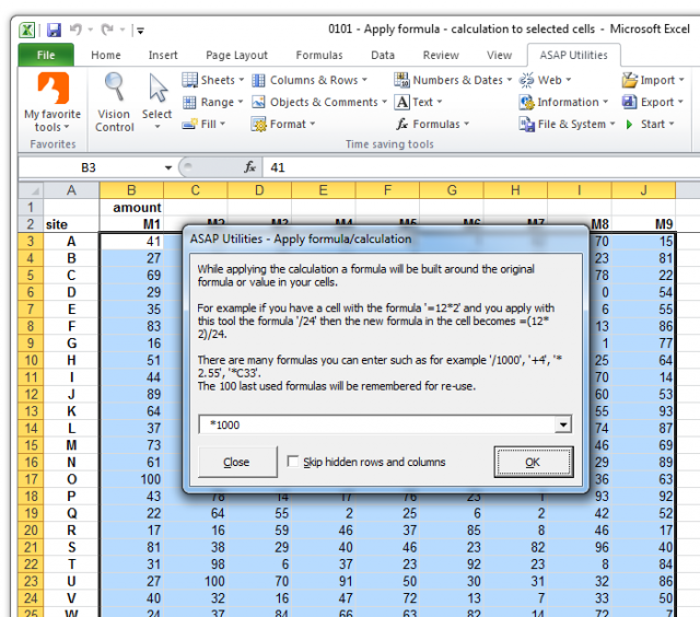 Apply formula/calculation to selected cells