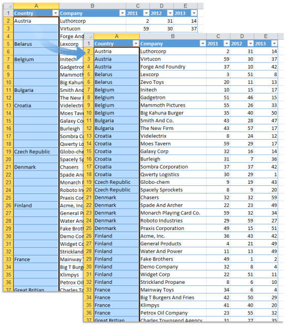 Copy values to empty cells below filled cells in selection