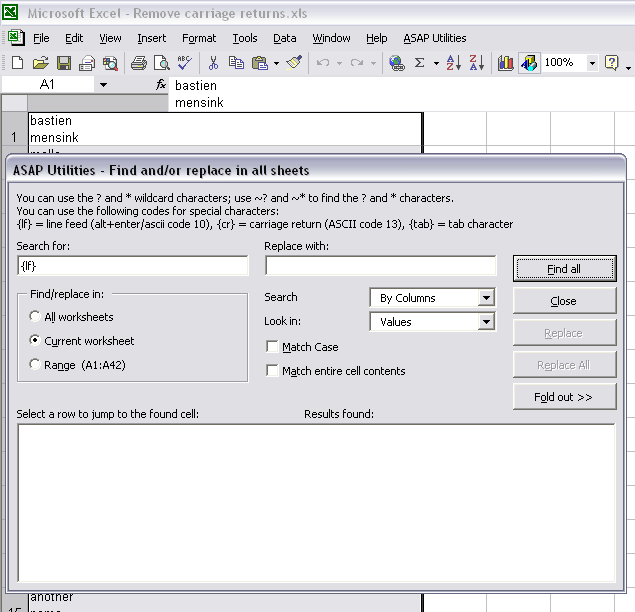 ASAP Utilities Find and/or replace in all sheets