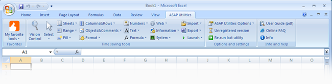 Excel 2007 with ASAP Utilities in the ribbon