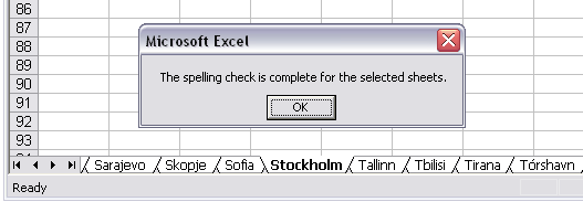 The spelling check is complete for the selected sheets