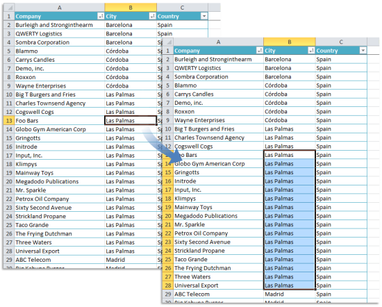 Select &raquo; Select adjacent cells below active cell with the same value  (Click to zoom)