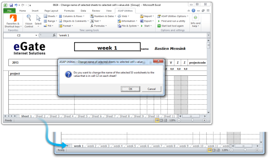 Sheets &raquo; Change name of selected sheets to selected cell's value  (Click to zoom)