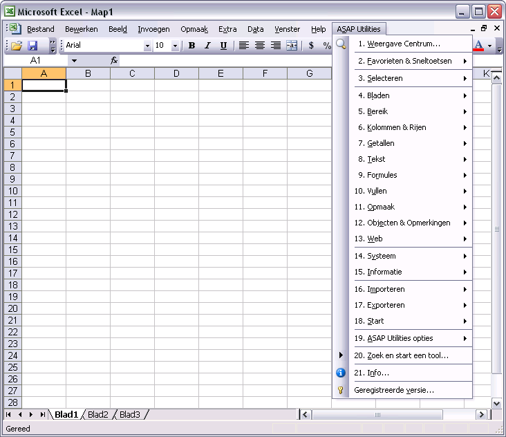 Schermkopie van ASAP Utilities in de Nederlandstalige versie van Excel 2003