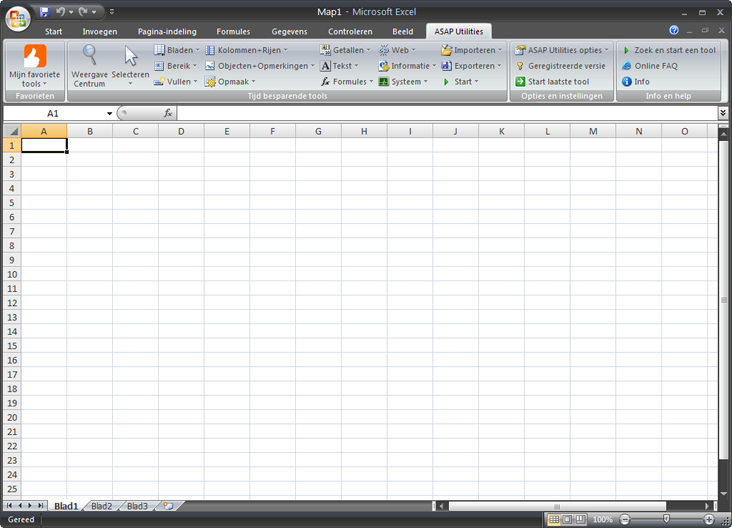 Schermkopie van ASAP Utilities in de Nederlandstalige versie van Excel 2007