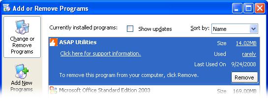 ASAP Utilities in the Change or Remove programs list