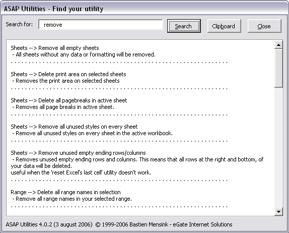 Screenshot: Example, search for the word 'remove'