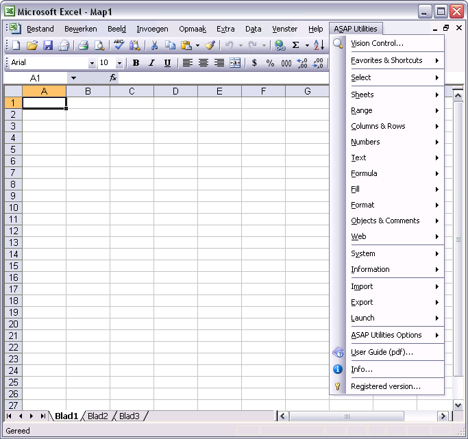 Schermkopie van ASAP Utilities in de Nederlandstalige versie van Excel 2003