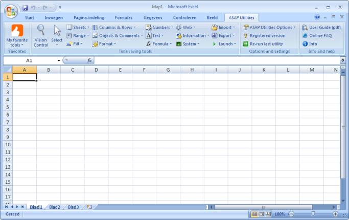 Schermkopie van ASAP Utilities in de Nederlandstalige versie van Excel 2007