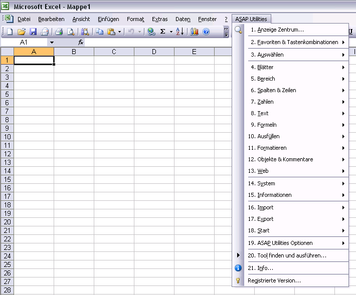 Das Excel menu mit ASAP Utilities