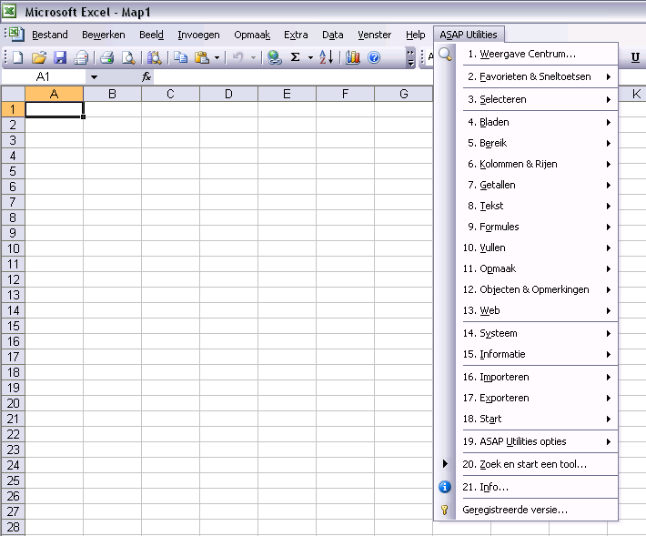 Het Excel menu met ASAP Utilities