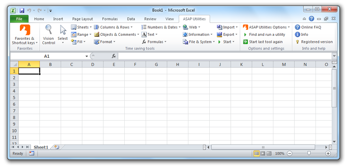 Excel 2010 with ASAP Utilities in the menu