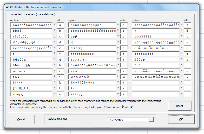 Asap Utilities For Excel Text Replace Accented Characters A E N Etc Asap Utilities Description Of Our Excel Tools English
