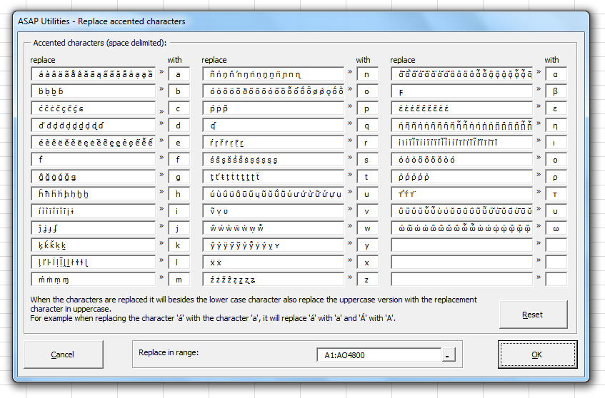 Asap Utilities For Excel Tekst Zamenit Simvoly S Nadstrochnymi Znakami A E N I T D Asap Utilities Opisanie Nashih Instrumentov Excel Russkij Russian