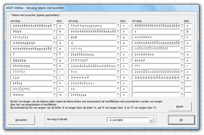 Asap Utilities For Excel Tekst Vervang Tekens Met Accenten A E N Etc Bijschrijving Van De Excel Tools In Asap Utilities Nederlands Dutch