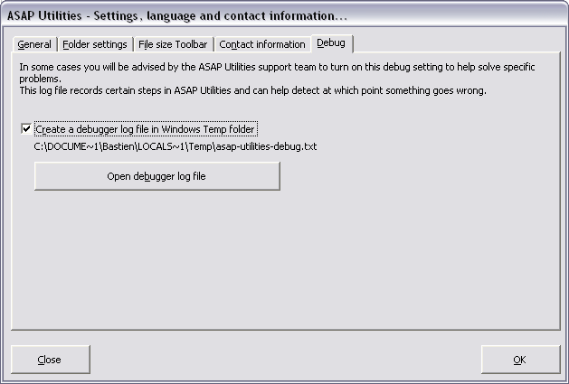 Create a debugger log file  in Windows Temp folder