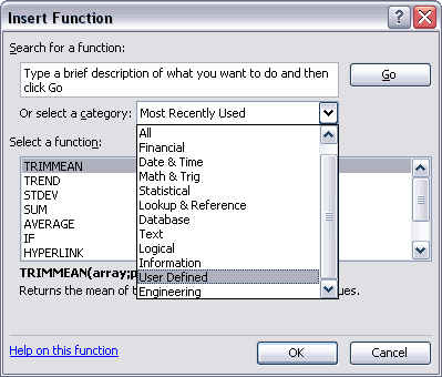 Select the functions category User Defined
