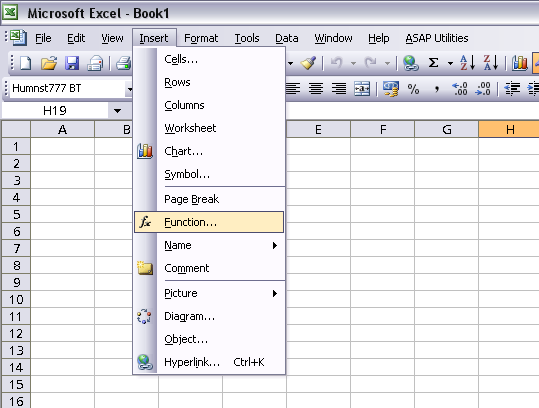 Excel menu: Insert > Function...