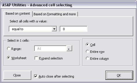 Select » Select cells based on content, formatting and more...