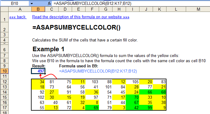 Calculate the sum of cells with a certain color
