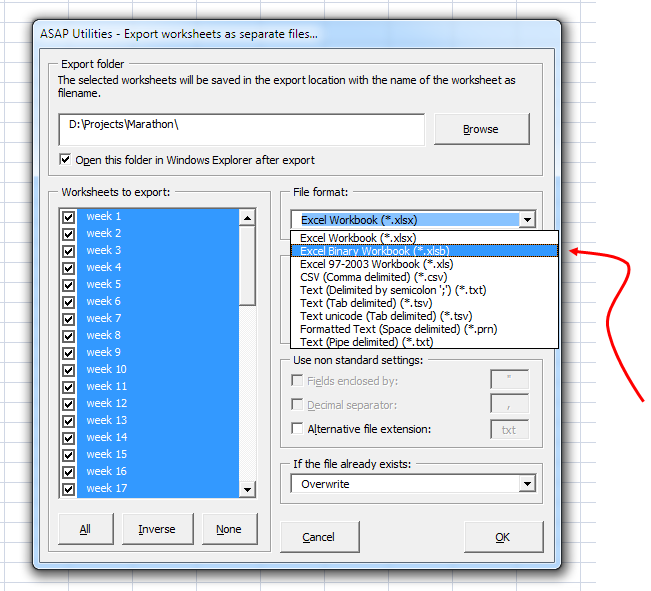 Save worksheets as separate files in the Excel Binary Format (for Excel 2007 and 2010)