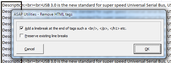 Remove/replace all HTML tags in the selected cells...