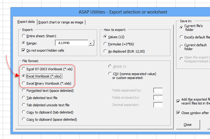 Export selection in Excel's xlsx or xlsb file format