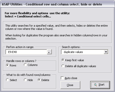 Remove entire row or column when duplicates are found