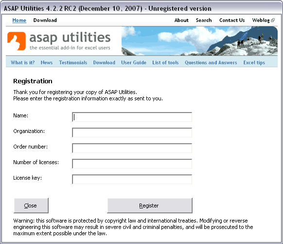 How to enter your registration information / license key