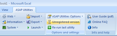 Excel 2007 menu > ASAP Utilities > Unregistered version