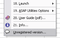 Excel menu > ASAP Utilities > Unregistered version