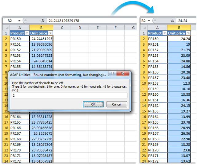 Round the selected numbers to 2 decimals