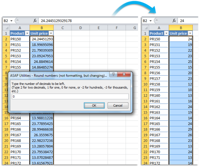 Round the selected numbers to-the-nearest integer (zero decimal places)