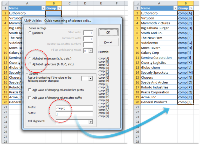 Use the letters A-Z to number the cells > Add the value "comp [" in front > Add the value "]" at the end