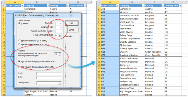 Start with 1 > Add 1 > Restart counting if the value in column [D] changes > Add the value for column [D] in front of the number