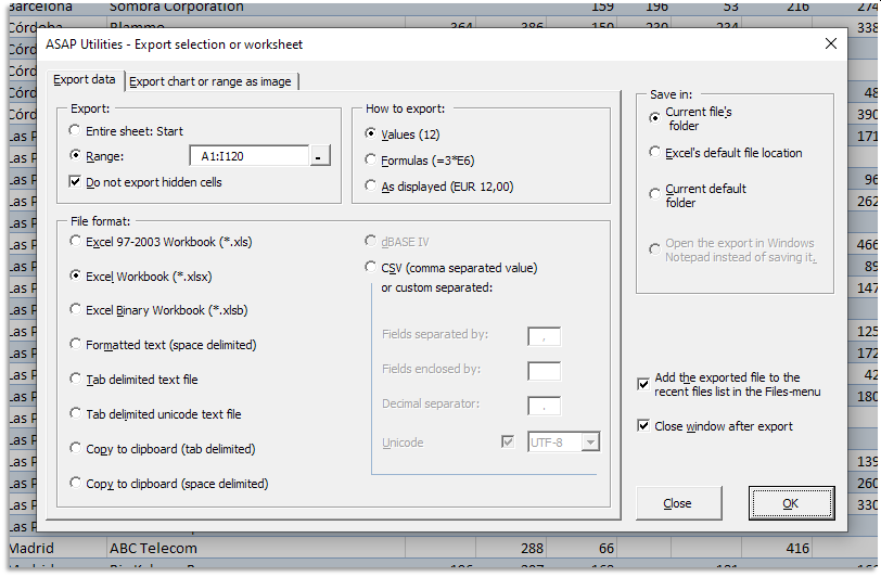 Export selection or active sheet as new file...