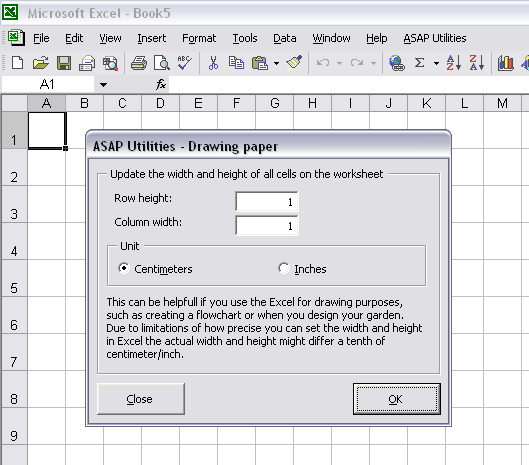 Set the rowheight and columnwidht in centimers or inches