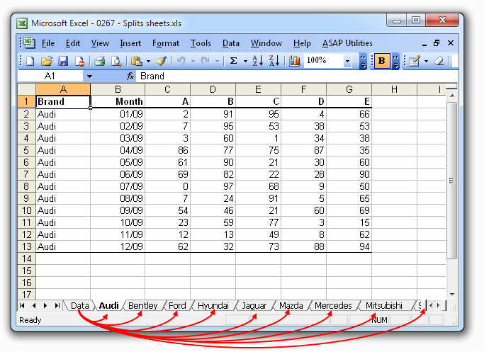 A new sheet is created for each car name in column A, with its corresponding information