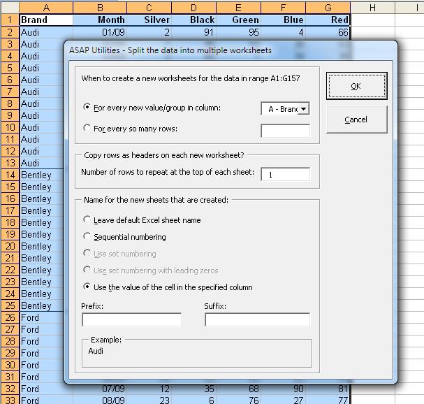 Split your selected range into multiple sheets