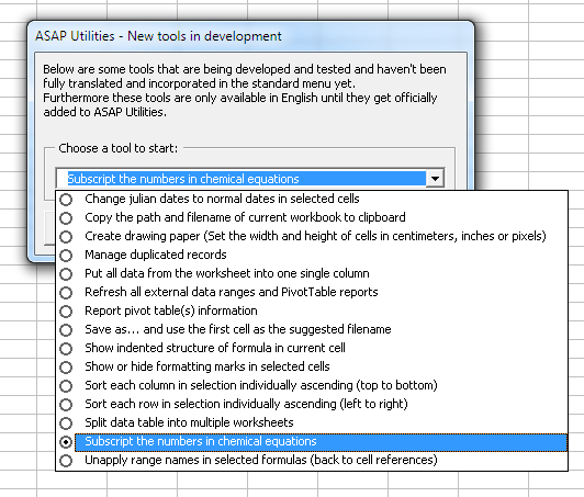 Subscript the numbers in chemical equations via ASAP Utilities Options » New tools in development (English only)