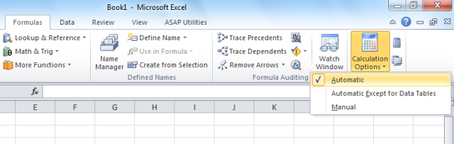 Calculation options Excel set to automatic