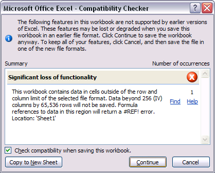 Excel compatability checker: This workbook contains data in cells outside of the row and column limit of the selected file format. Data beyond 256 (IV) columns by 65,536 rows will not be saved.