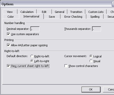 View current sheet right-to-left: On