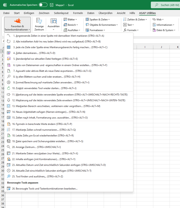 ASAP Utilities  ›  Favoriten & Tastenkombinationen  (Click to zoom)