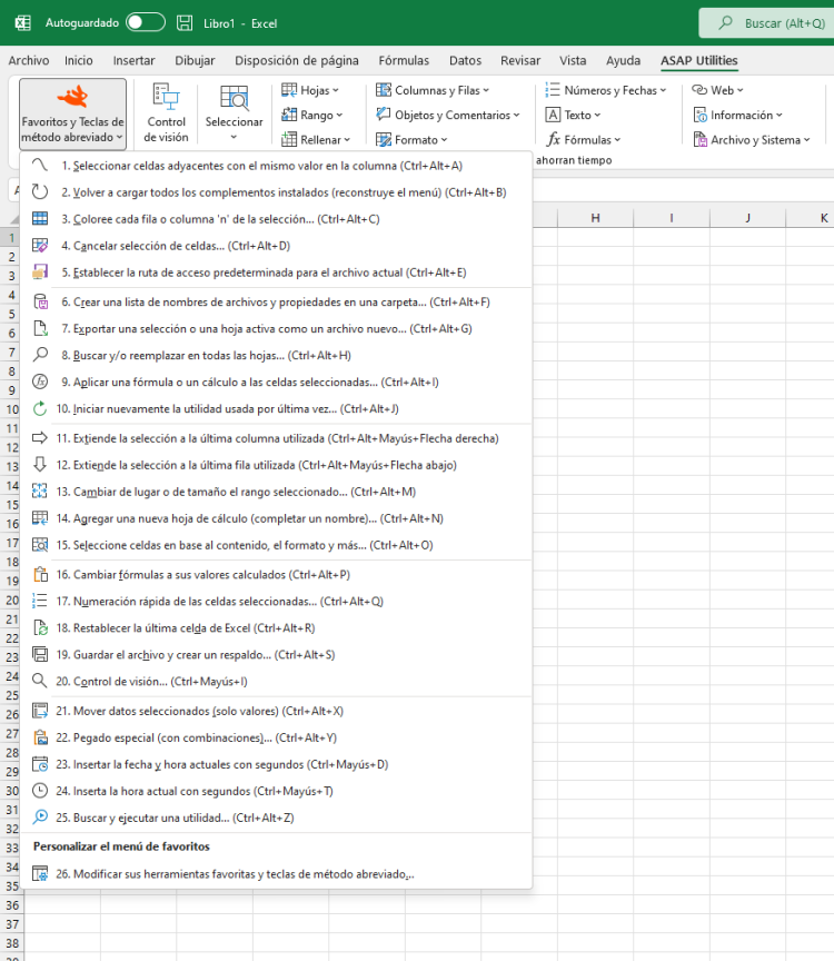 ASAP Utilities  ›  Favoritos y Teclas de método abreviado  (Click to zoom)