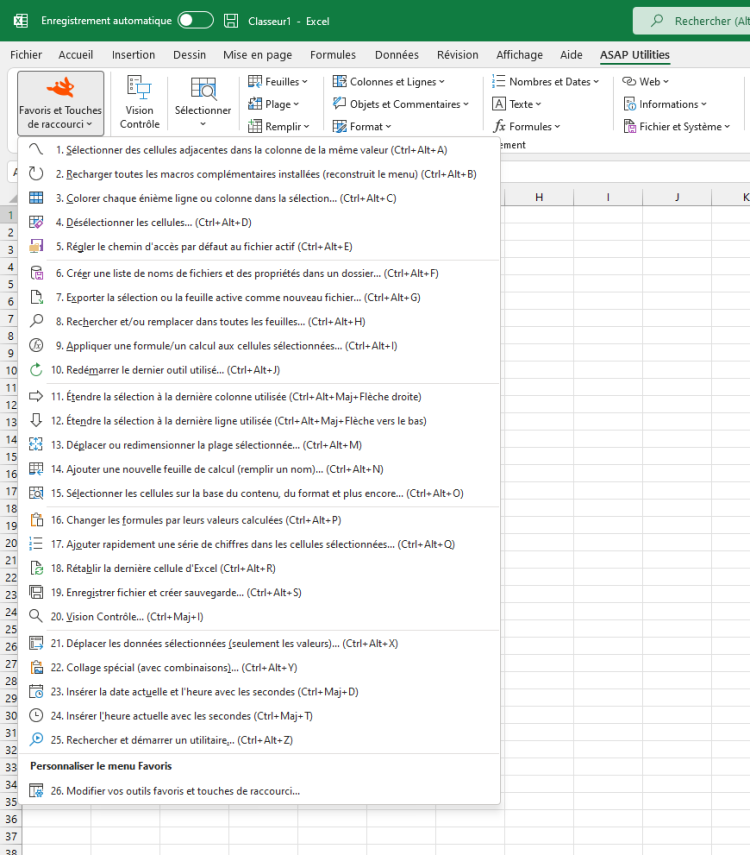 ASAP Utilities  ›  Favoris et Touches de raccourci  (Click to zoom)