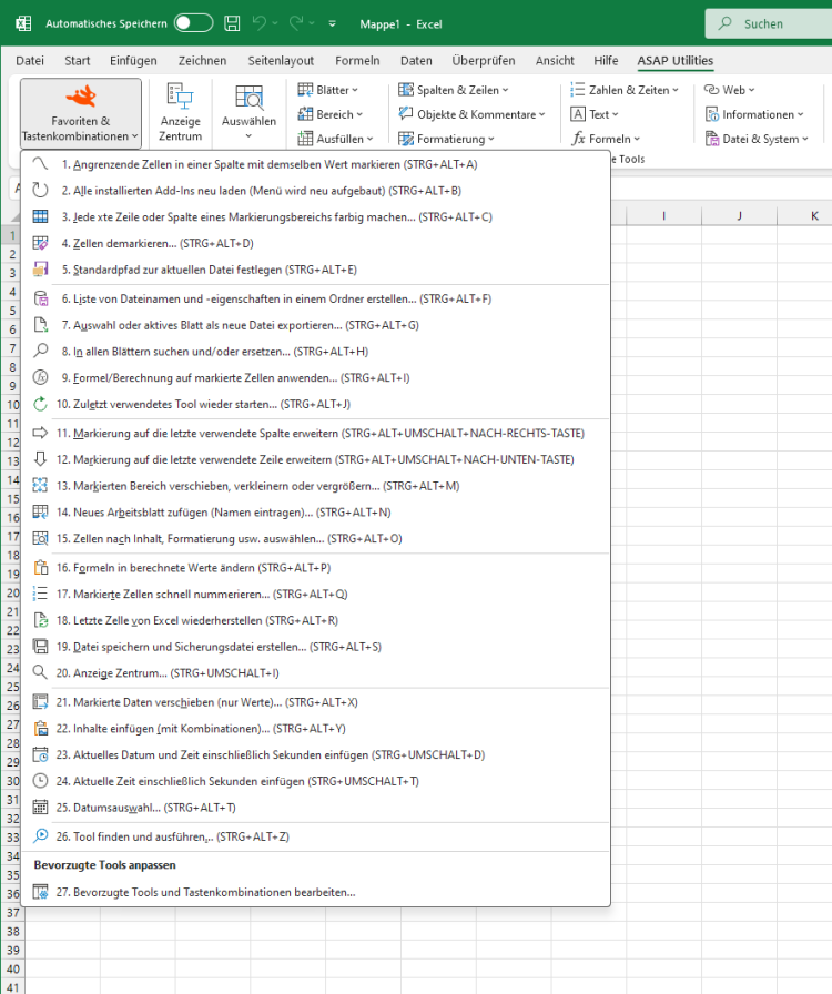 ASAP Utilities  ›  Favoriten & Tastenkombinationen  (Click to zoom)