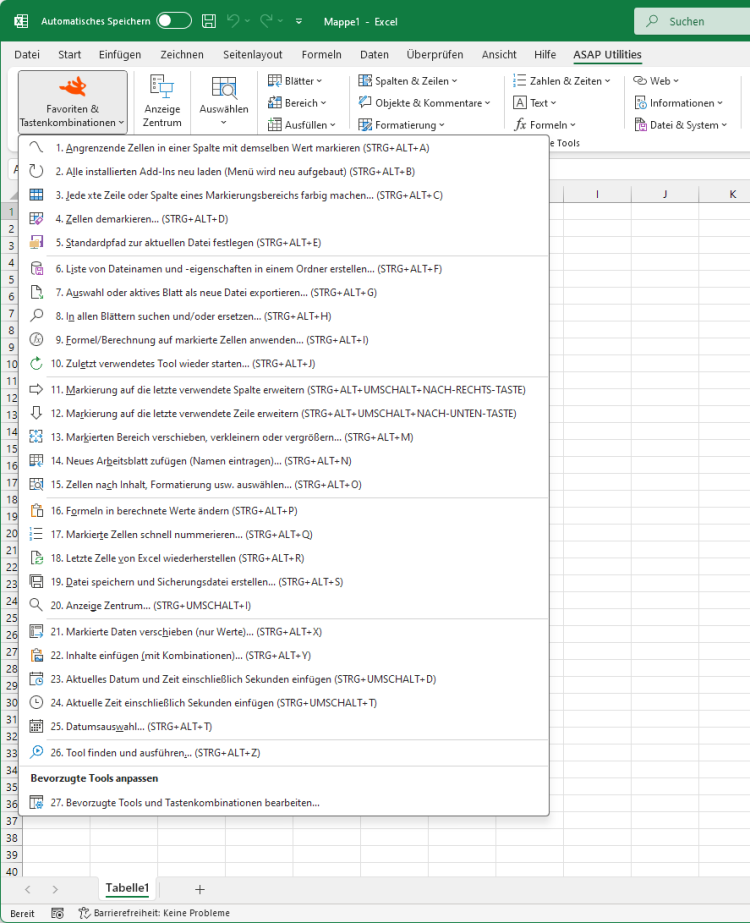Beispiel eines Bildschirmabdrucks: 1, ASAP Utilities Optionen &nbsp;&rsaquo;&nbsp; Bevorzugte Tools und Tastenkombinationen bearbeiten...