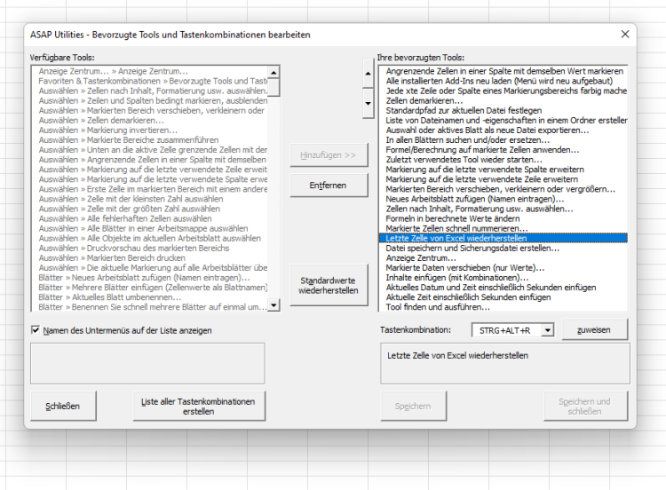 Beispiel eines Bildschirmabdrucks: 2, ASAP Utilities Optionen &nbsp;&rsaquo;&nbsp; Bevorzugte Tools und Tastenkombinationen bearbeiten...